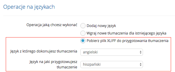 Pobieranie pliku xliff w celu wykonania tłumaczenia na nowy język