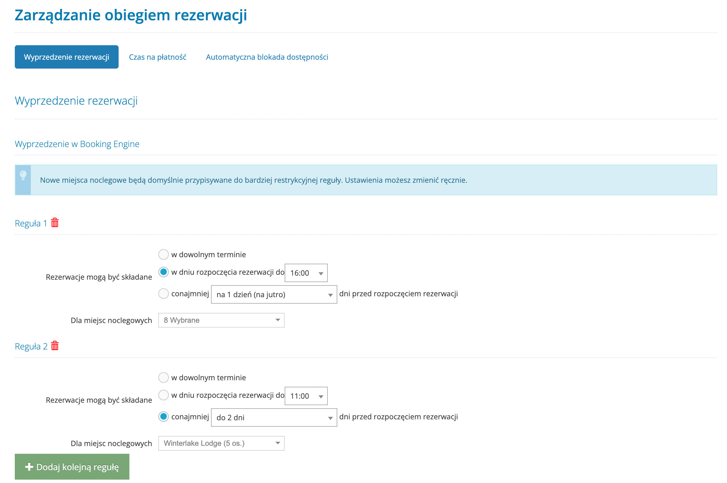 Wiele reguł wyprzedzenia rezerwacji w IdoBooking
