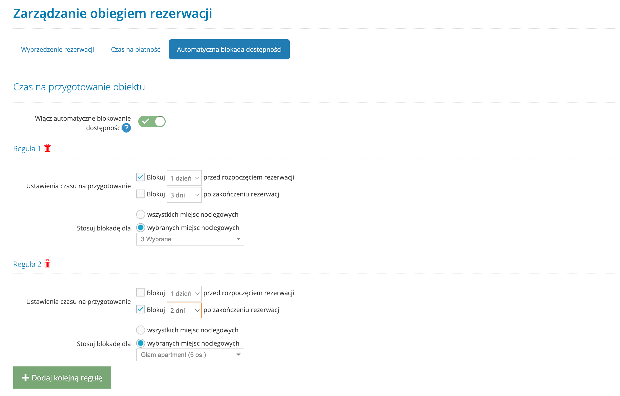 Automatyczne blokady przed i po rezerwacji na przygotowanie obiektu w IdoBooking