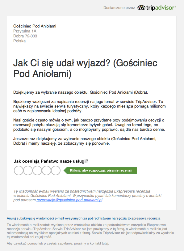 Mail wysyłany do gościa z prośbą o wystawienie recenzji